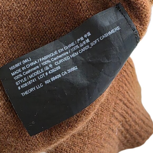 Theory Curved Hem 100% Cashmere Cardigan, Open Front, Brown, Size M/L - Picture 4 of 8